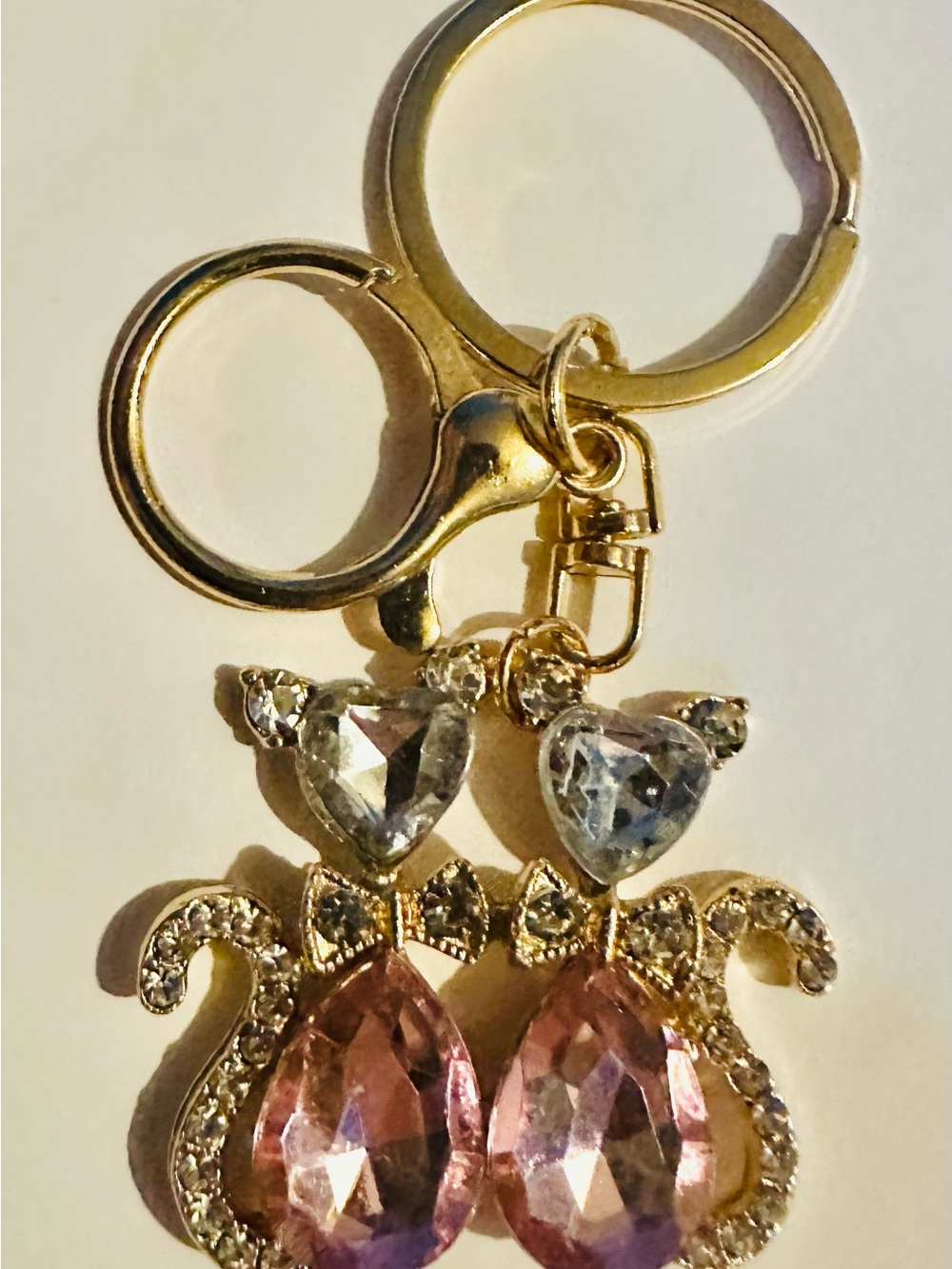 Gold-Tone Double Cat Bagcharm/Keychain with Pink and Clear Crystals